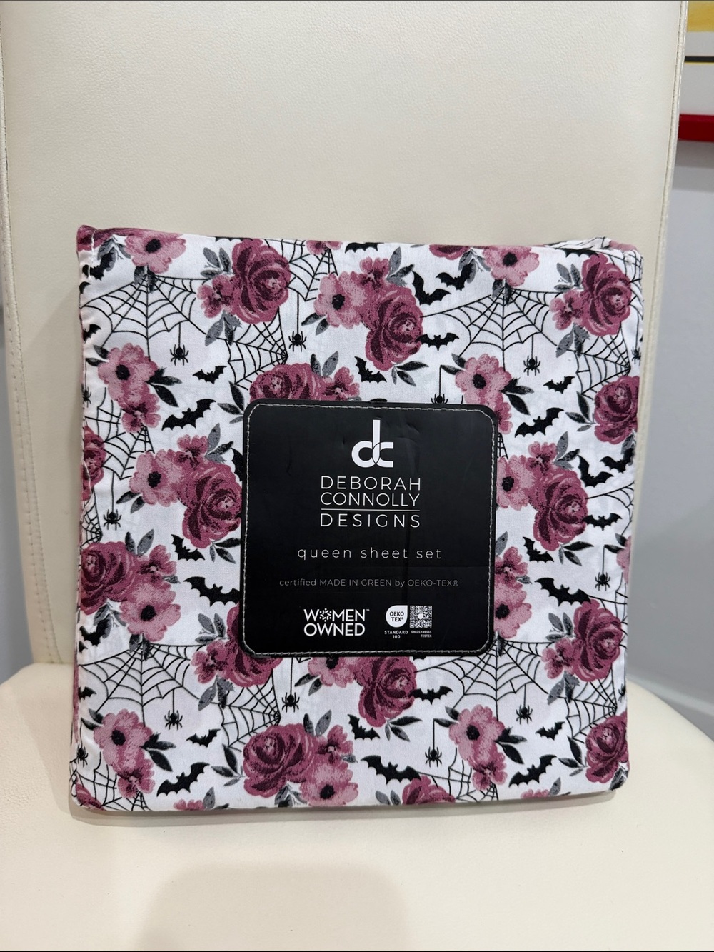 Deborah Connolly Halloween Pink Floral Queen Sheet Set Rose & Spiderweb Pattern
